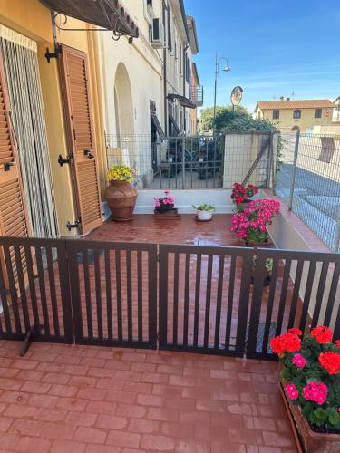 a balcony with potted flowers on a house at La casa di nonna Ottorina in Venturina Terme