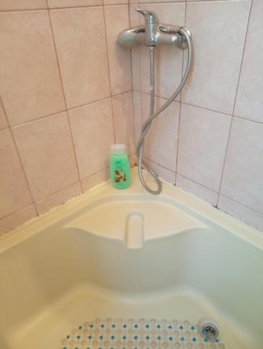 a bath tub with a shower and a bottle of soap at Welcome Apartments in Odessa in Odesa