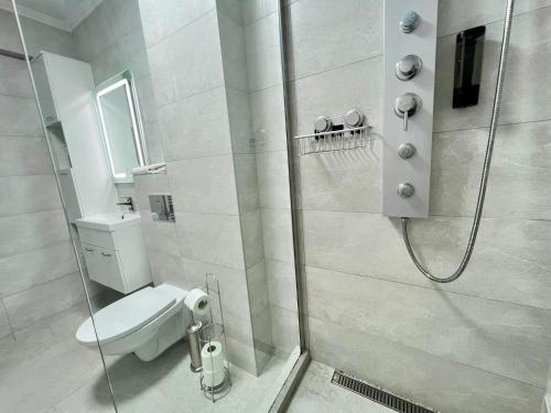a white bathroom with a shower with a toilet at Cozy North 35 in Cluj-Napoca
