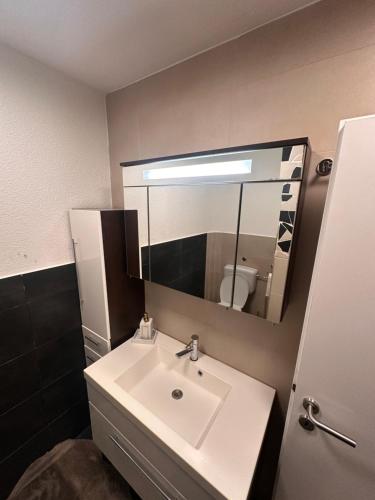 a bathroom with a white sink and a mirror at Wolf House Apartaments in Gengenbach
