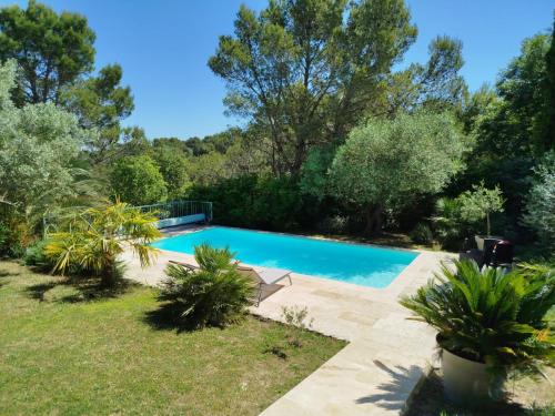 a swimming pool in a yard with trees at Proche Uzès petit gîte avec grande cuisine d'été et piscine in Saint-Siffret