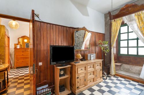 a living room with a television on a wooden wall at Casa Rústica San Francisco 1 in Telde