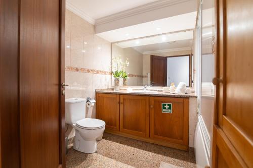 Un baño con inodoro, lavabo y espejo. en SUN Apartment, en Rosto de Cão