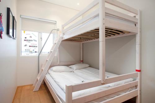 a bunk bed in a room with a ladder at The Golden Circle Lodge - Luxurious villa with Sauna in Þingvellir