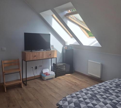 a bedroom with a bed and a tv in a attic at Wiejski Zakątek in Domasławice