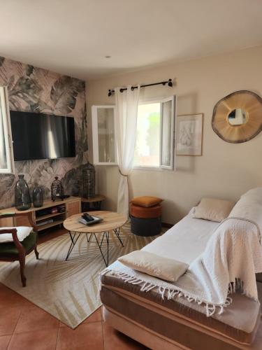Santa-Reparata-di-BalagnaにあるVilla Palazziのベッドと薄型テレビのある寝室