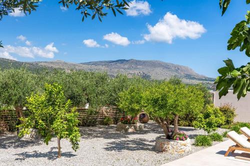 a garden with trees and a mountain in the background at Villa Eva Chania in Neo Chorio