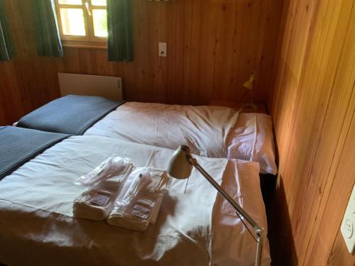 a bedroom with a bed with a lamp on it at Ca da Viola in Cavagnago