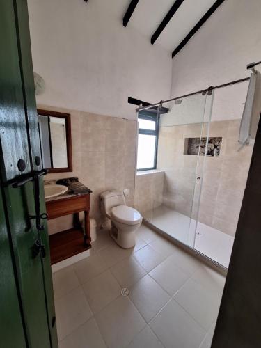 Un baño con inodoro, ducha y lavabo. en Finca el belvedere, en Villa de Leyva