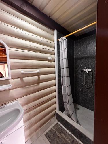 a bathroom with a shower and a toilet at Магніт in Solotvyno