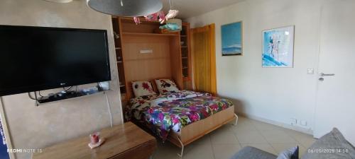 une chambre avec un petit lit et une télévision à écran plat dans l'établissement Studio with balcony near city center, à Courseulles-sur-Mer