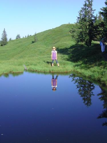 a young girl is standing next to a pond at Pension Sonnhof in Radstadt