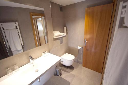 a bathroom with a toilet and a sink and a mirror at Apartamentos Jauregui in Hondarribia