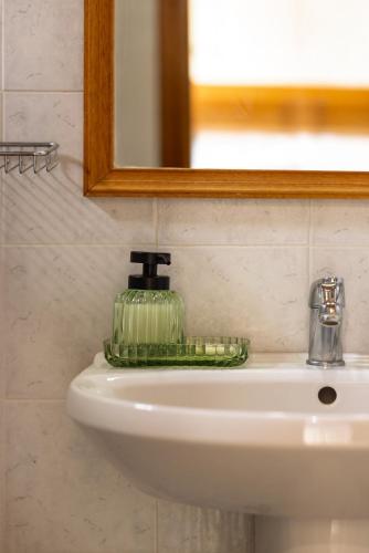 a soap dispenser sitting on a sink in a bathroom at Nemorosa Holiday Houses in Méson Yerakaríon