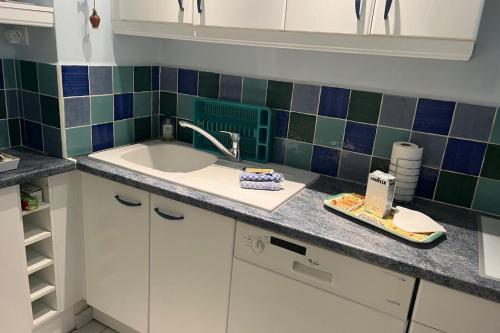 une cuisine avec un évier et du carrelage bleu et vert dans l'établissement Residence quiet and wooded near beach, à Saint-Raphaël
