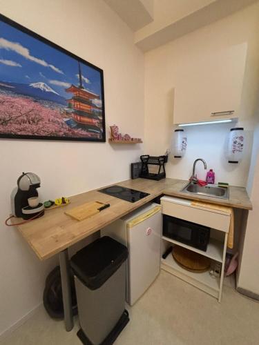 - une cuisine avec un bureau, un évier et un four micro-ondes dans l'établissement Tokyo love, à Montpellier