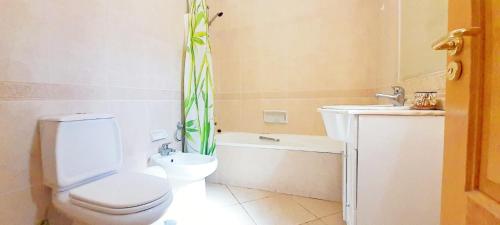 une salle de bain avec toilettes et rideau de douche dans l'établissement Algarver I - Boavista Golf Fairview SwimPool Villa, à Lagos