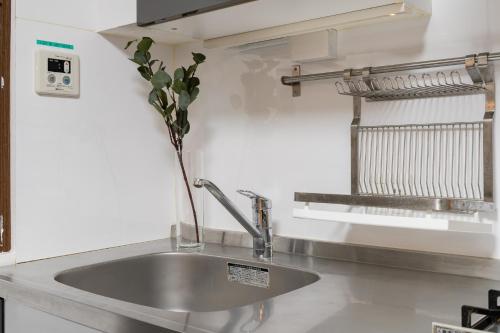 a kitchen sink with a vase with a plant in it at ホテル富士見マンション in Tokyo