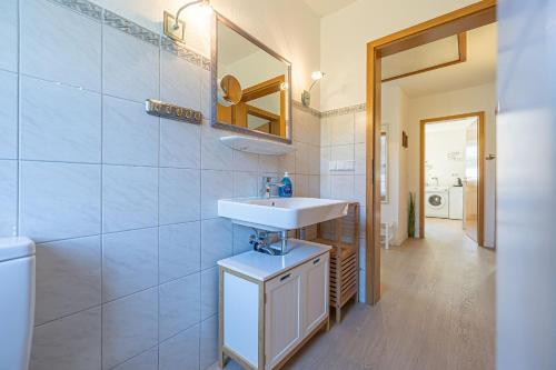 a bathroom with a sink and a mirror at Ferienhaus Nordlicht in Steinbergkirche