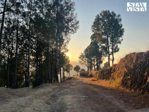 a dirt road with trees on either side at StayVista at Offgrid Ginai - Pet Friendly, Bonfire & Mountain View in Rānīkhet