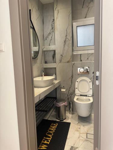 a bathroom with a toilet and a sink at The Ancient Theatron Luxury suites in Larisa