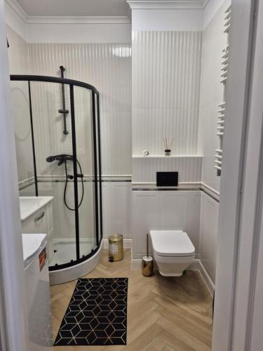 a white bathroom with a shower and a toilet at Aura Towers in Bydgoszcz