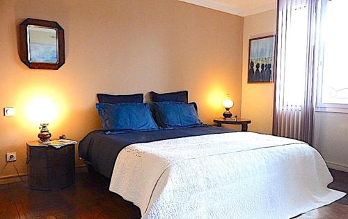 a bedroom with a large bed with blue pillows at La Martanne in Argelès-sur-Mer