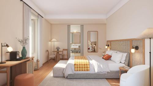 a rendering of a bedroom with a bed and a desk at Palácio de Tavira, a Small Luxury Hotel of the World in Tavira