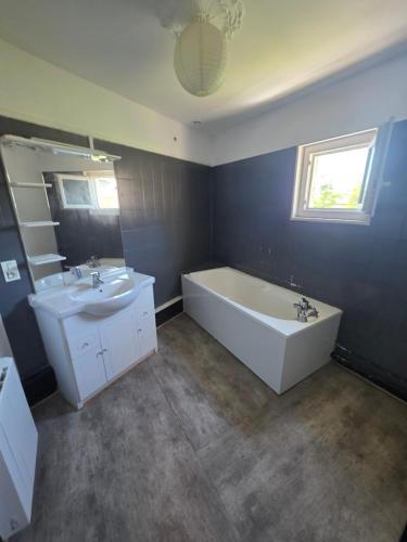 une salle de bain avec une baignoire blanche et un lavabo dans l'établissement Appartement 1 chambre n13, à Moulins