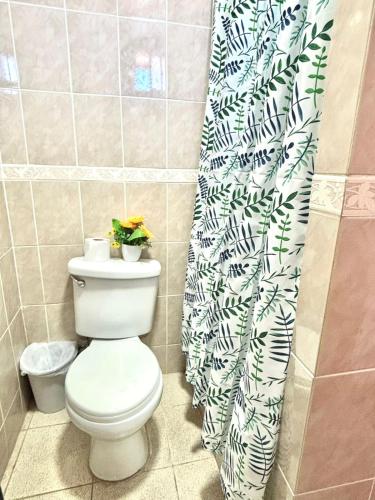 a bathroom with a toilet and a shower curtain at Hostal Mi Casa in Canela Baja