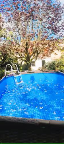 une grande piscine bleue avec une chaise dans l'établissement Hope House, à Chavagnes-les-Redoux