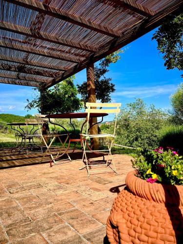 a patio with a table and chairs under a pergola at La Locanda Volpaia in Radda in Chianti