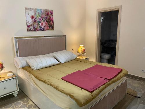 a bedroom with a large bed with a painting on the wall at داون تاون العالمين الجديده in El Alamein