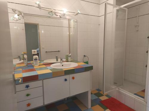 une salle de bain avec un lavabo, un miroir et une douche dans l'établissement Loft 155 séjour famille spacieux jeux terrasse, à Castelnau-le-Lez