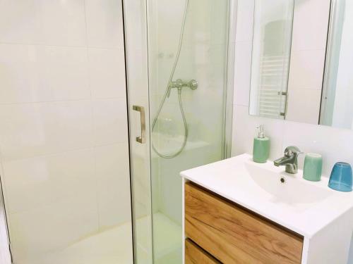 une salle de bain avec un lavabo et une douche dans l'établissement CAP D'AGDE Maison mitoyenne T2 cabine PISCINE PARKING proche village naturiste, au Cap d'Agde