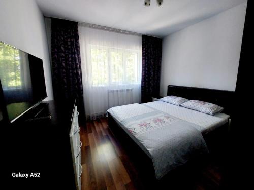 a small bedroom with a bed and a window at Penty Apartament in Suceava