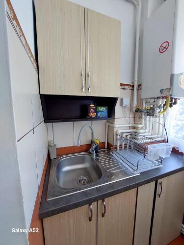 a small kitchen with a sink and a microwave at Penty Apartament in Suceava