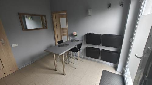 Cette chambre comprend une table, des chaises et un miroir. dans l'établissement Apartament, Mieszkanie, à Poznań