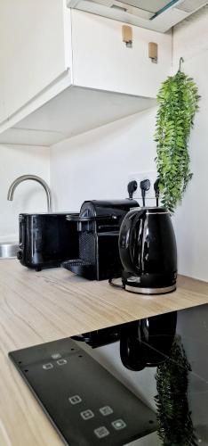 Un appareil noir assis sur un comptoir dans une cuisine dans l'établissement N3-Barbacane-Pieds Cité-Clim mobile, à Carcassonne