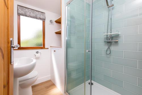 a bathroom with a toilet and a glass shower at Costentyn, Tor Down Quarry in Bodmin