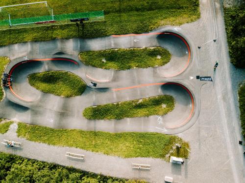 an overhead view of a parking lot with a road at Schrannenhof in Schoppernau
