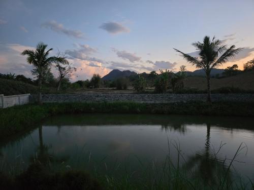 a body of water with palm trees and a sunset at My Paradise Chiang Rai in Ban Doi Hang