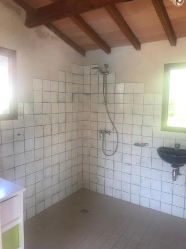 une salle de bain avec une douche avec un lavabo et des toilettes dans l'établissement Un îlot tropical en Cévennes, à Saint-Privat-des-Vieux