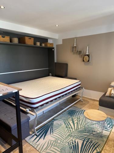 - un lit dans une chambre avec un canapé dans l'établissement Vue mer et chant des oiseaux, à Cavalaire-sur-Mer