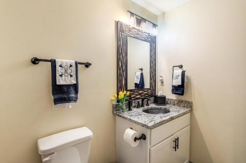 a bathroom with a sink and a mirror at Farm and Lake Views Rural Mississippi Loft Apt in Hernando