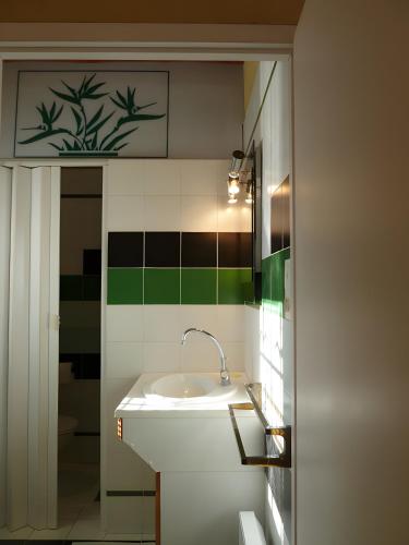 La salle de bains est pourvue d'un lavabo et de carrelage vert et blanc. dans l'établissement L'olivier, à LʼIsle-sur-la-Sorgue