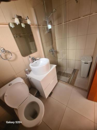 a bathroom with a toilet and a sink and a shower at Sunset studio Bečići in Bečići
