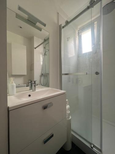 une salle de bain blanche avec un lavabo et une douche dans l'établissement Appartement, à Boulogne-Billancourt