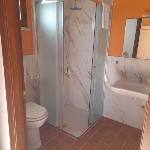 a bathroom with a shower and a toilet and a sink at Agriturismo La Sarticola in Luni