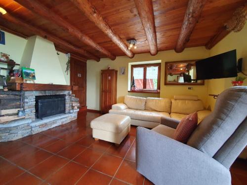 Una sala de estar con un sofá y una chimenea. en La Ca dal Rino - Baita Panoramica Ecosostenibile, en Ornavasso